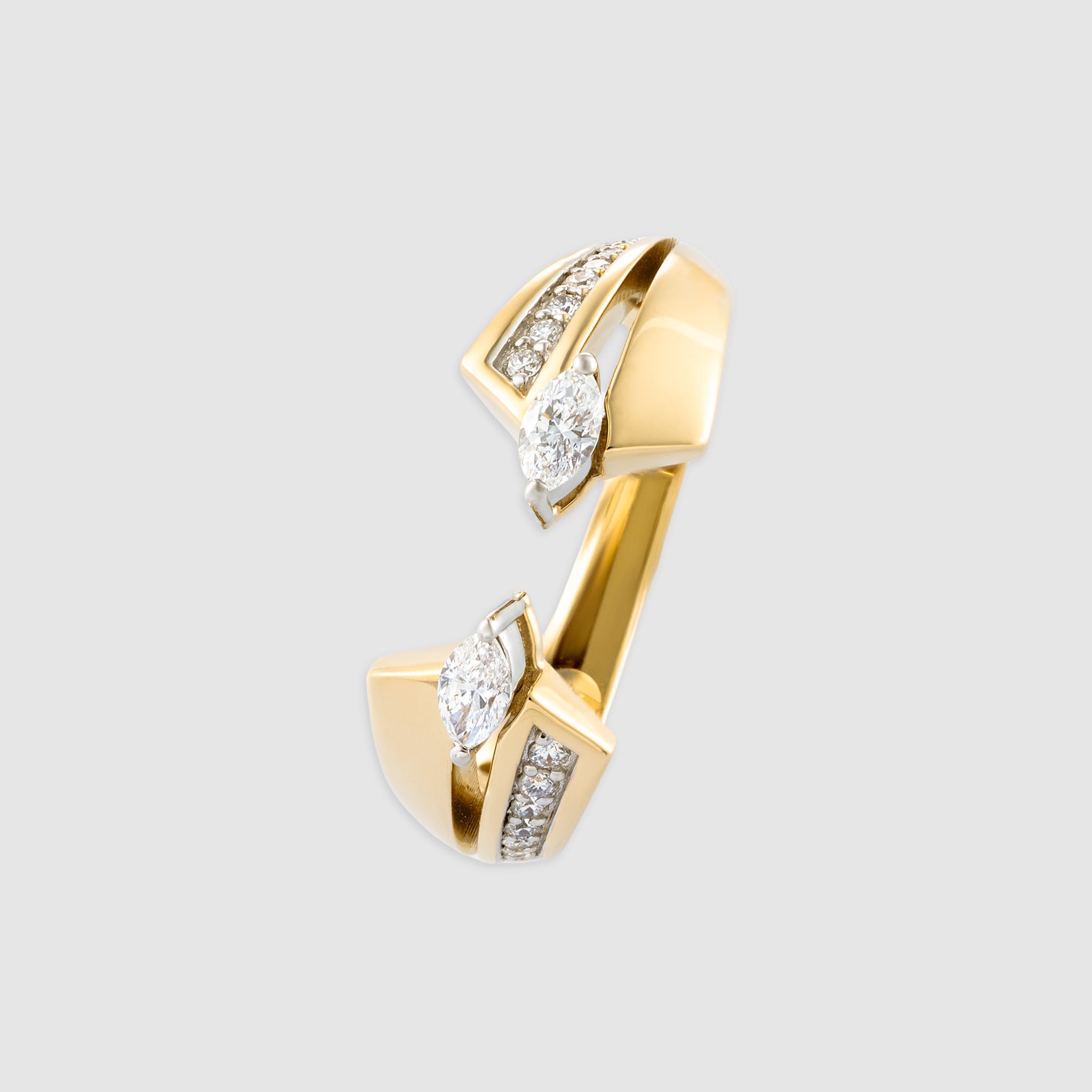 14K yellow gold open front statement ring with marquise cut diamonds