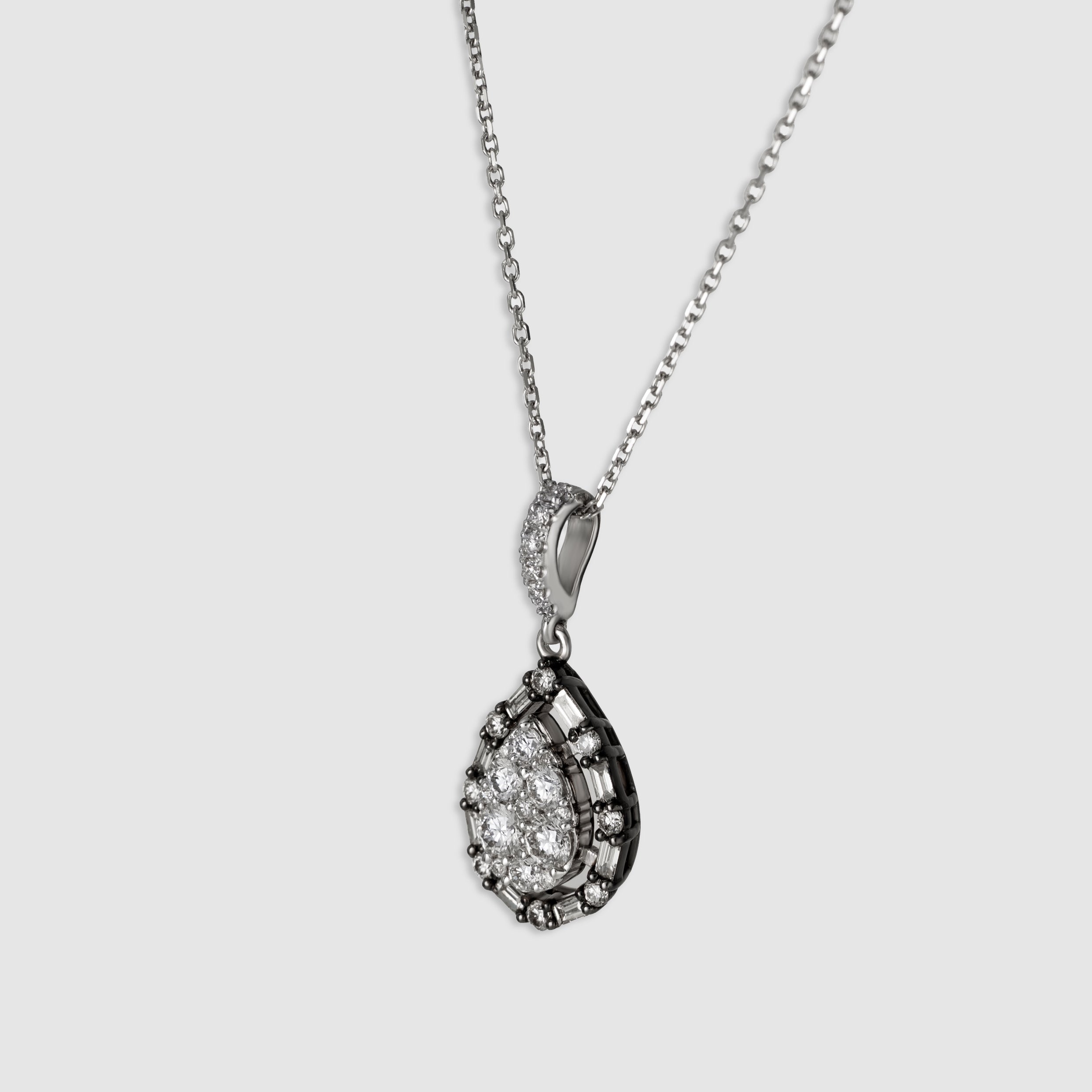 14K white gold baguette and round cut diamond teardrop pendant necklace