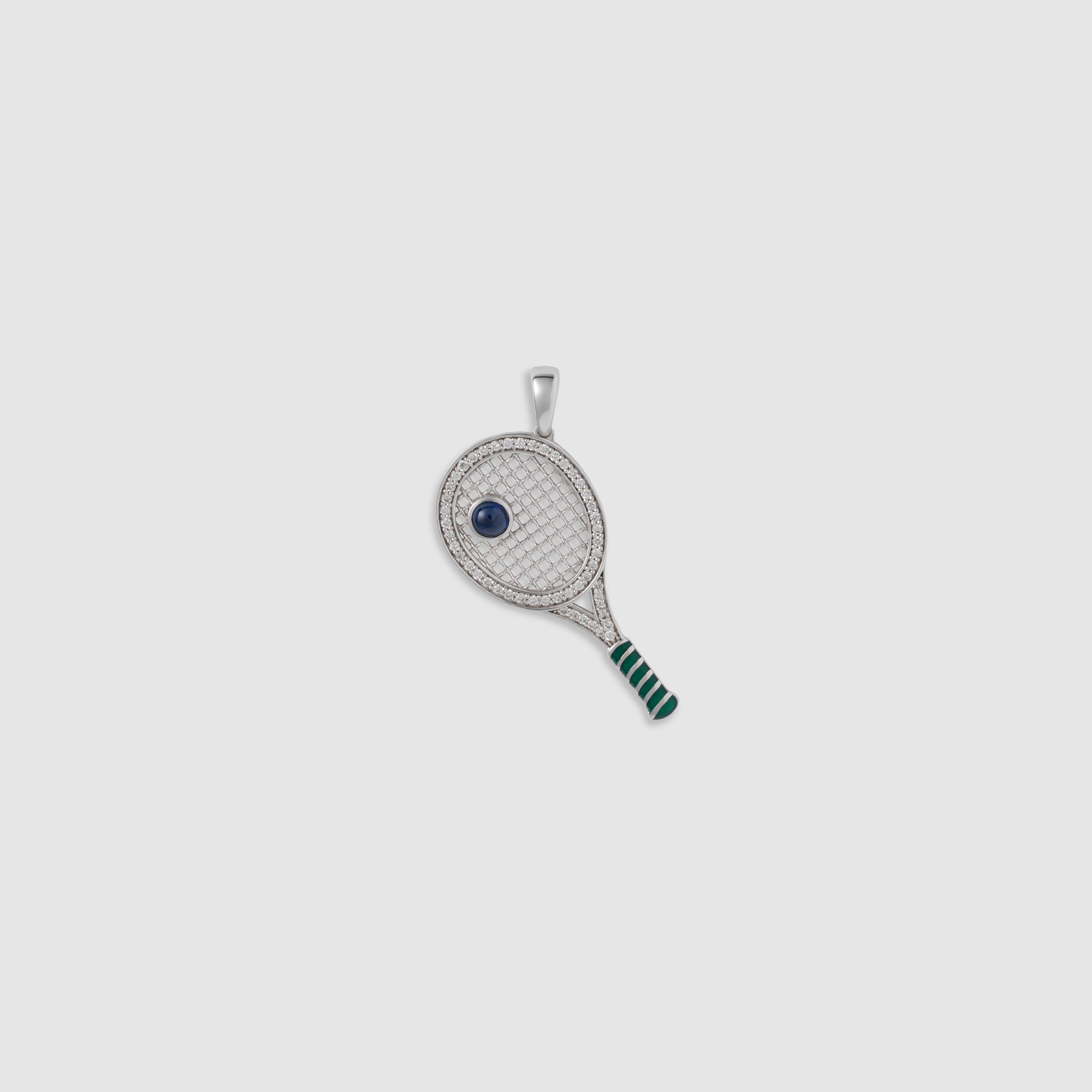 14K white gold diamond and sapphire tennis racket pendant charm with green enamel detail