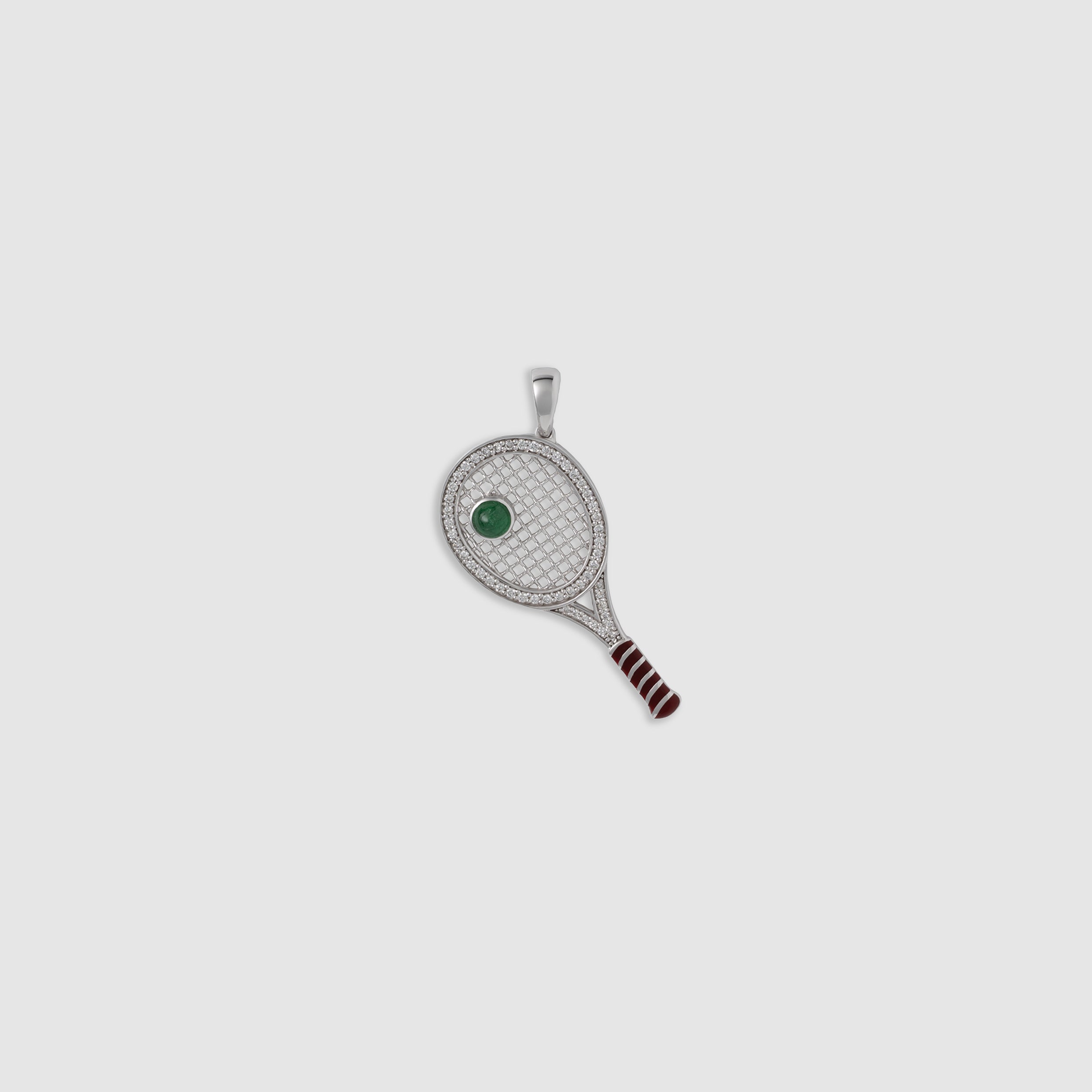 14K white gold diamond and emerald tennis racket pendant charm with bordeaux enamel detail