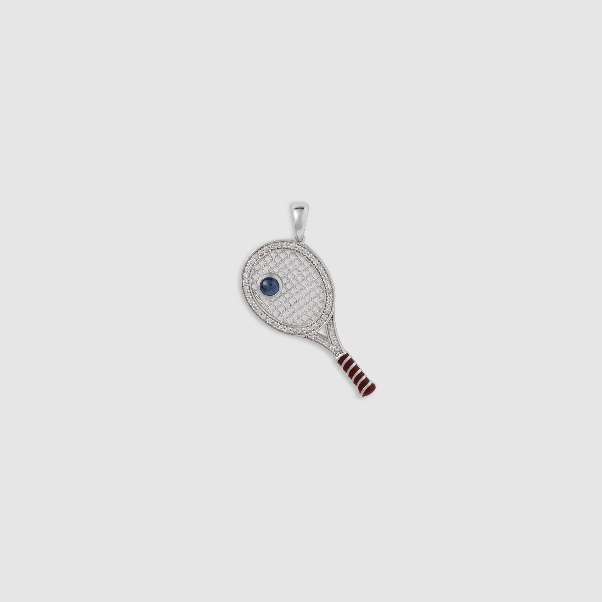 14K white gold diamond and sapphire tennis racket pendant charm with bordeaux enamel detail