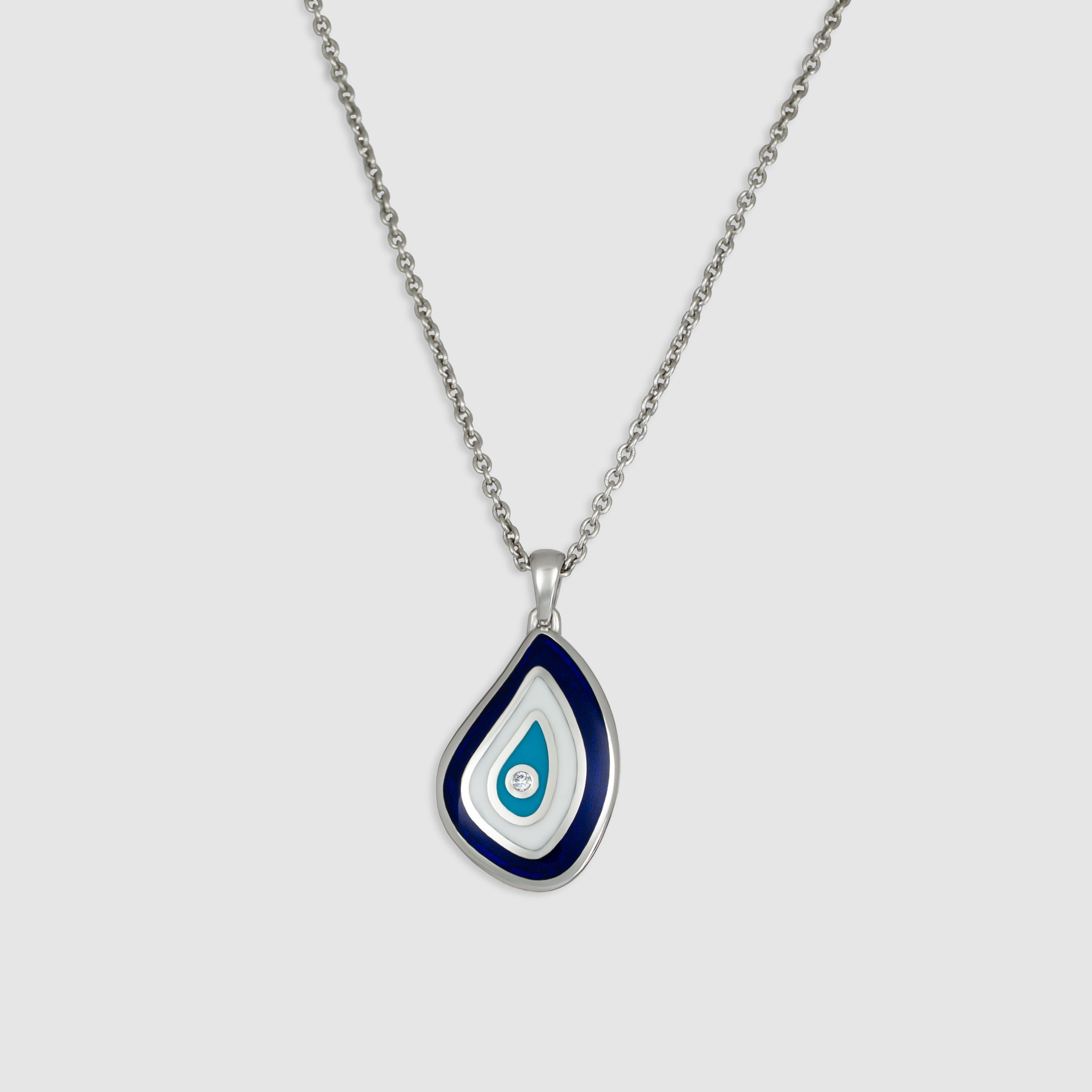 14K white gold diamond evil eye teardrop shaped pendant