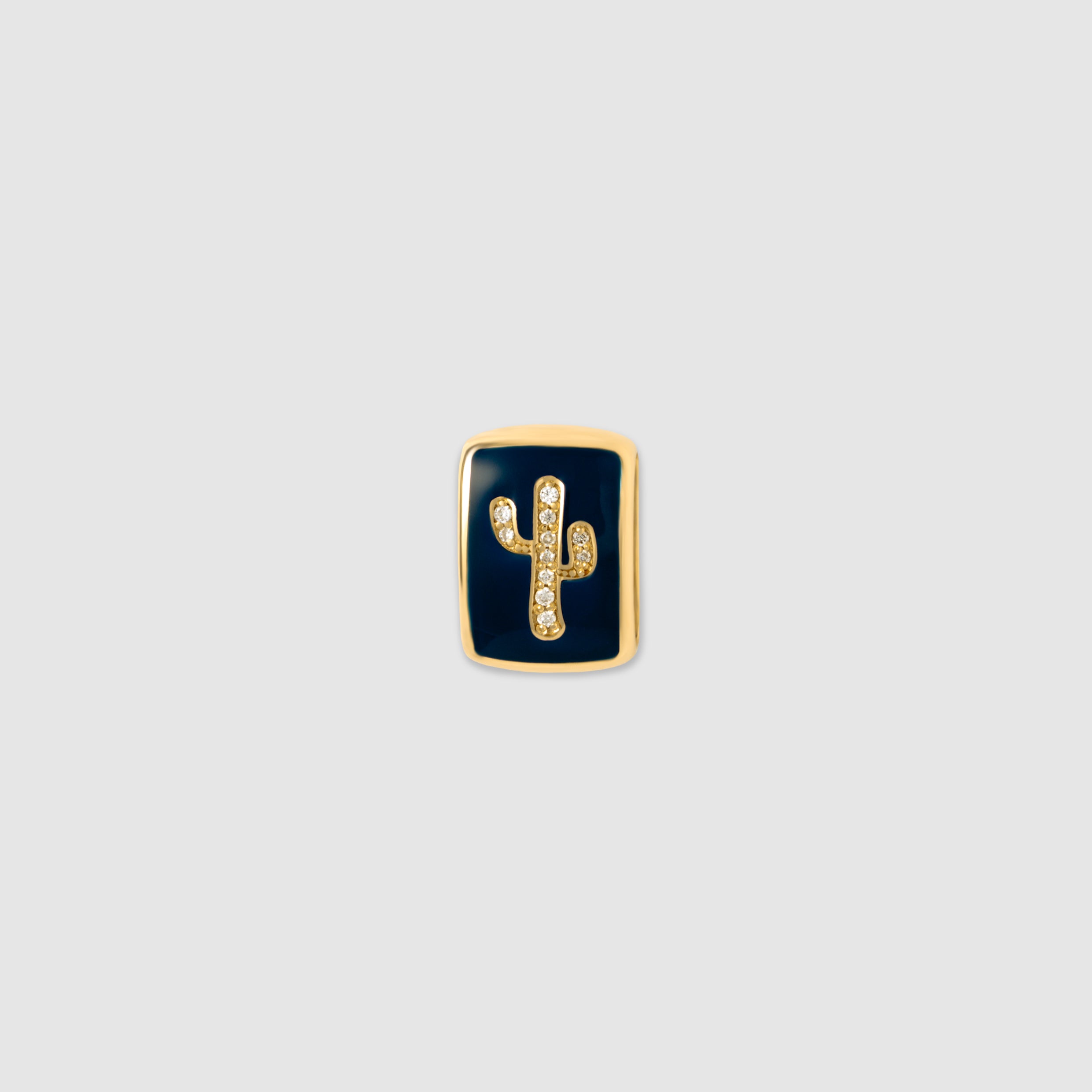 14K yellow gold cactus charm with navy blue enamel and a round diamond