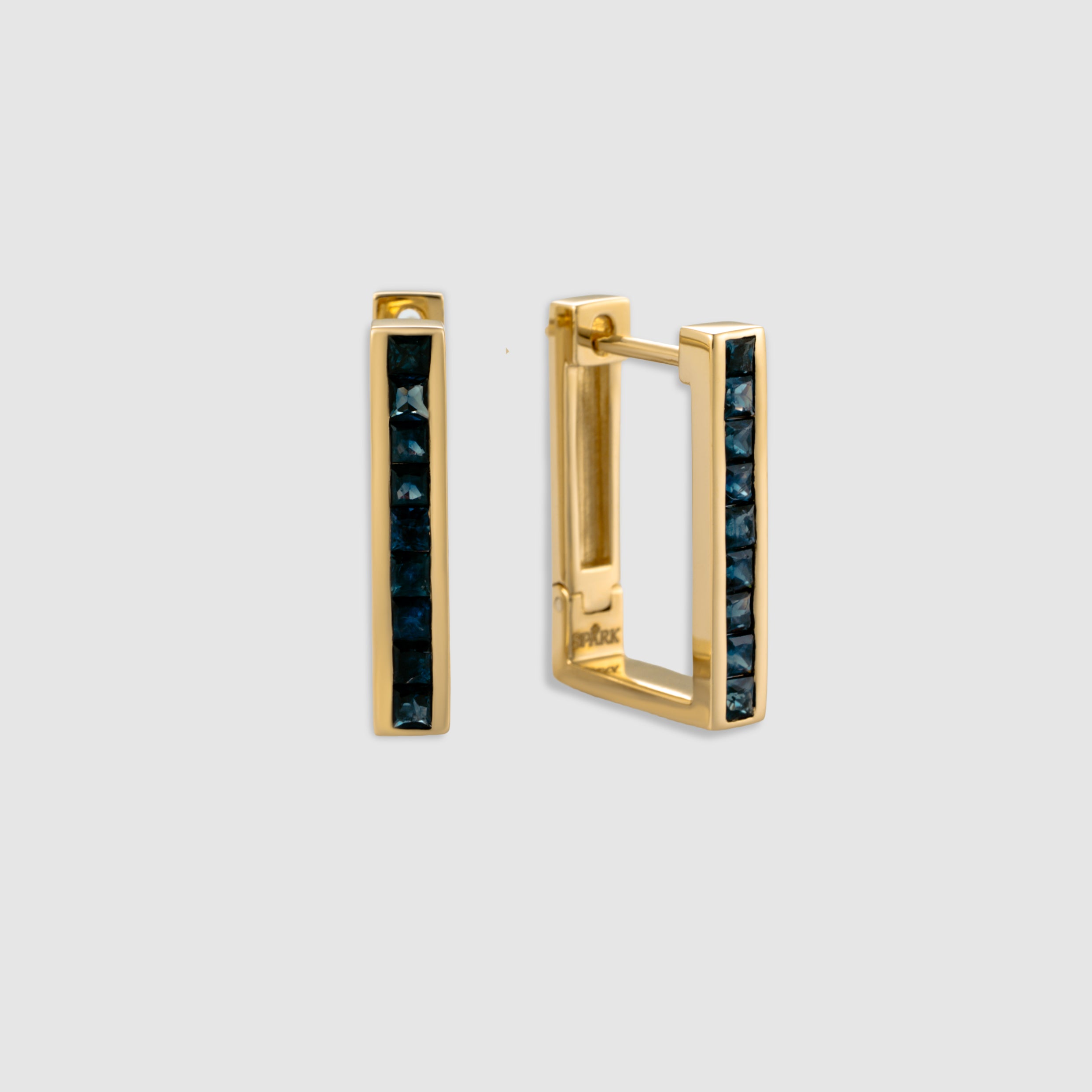 14K yellow gold princess cut blue sapphire rectangular hoop earrings