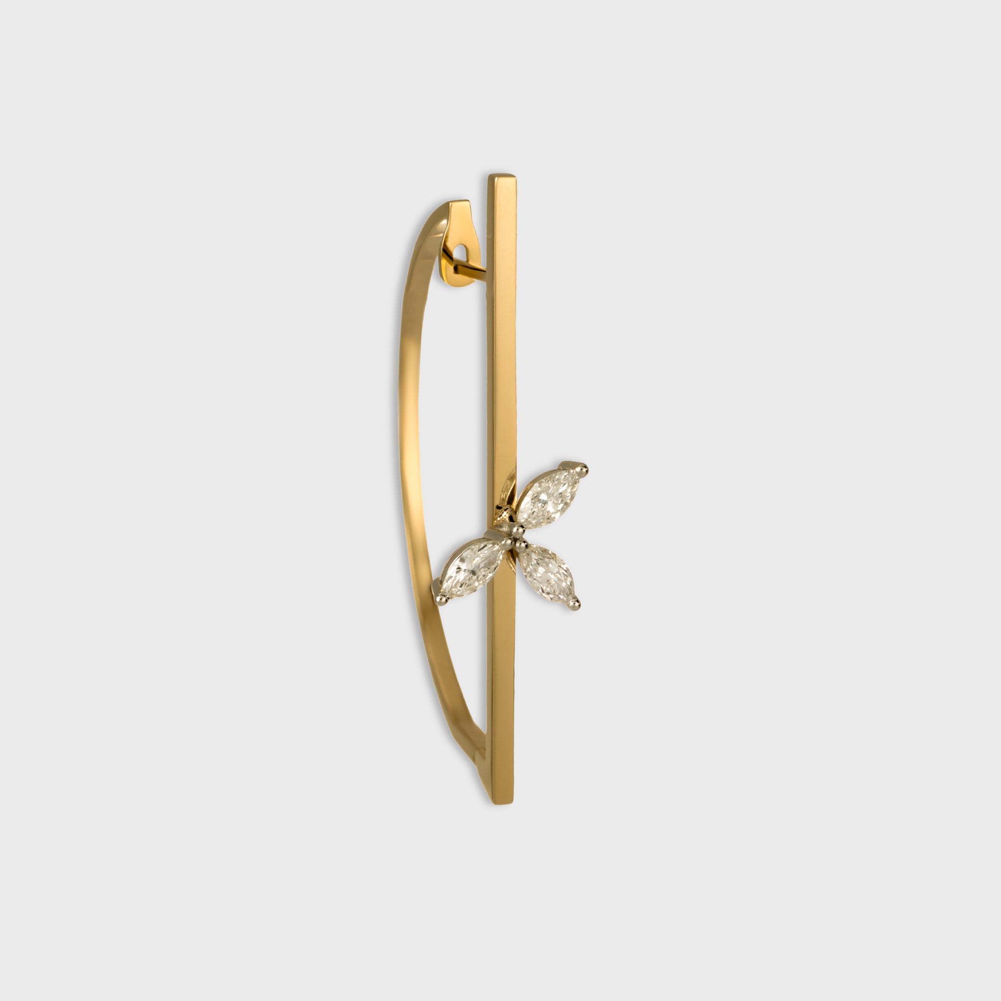 14K yellow gold horizontal bar earring with three marquise cut diamonds