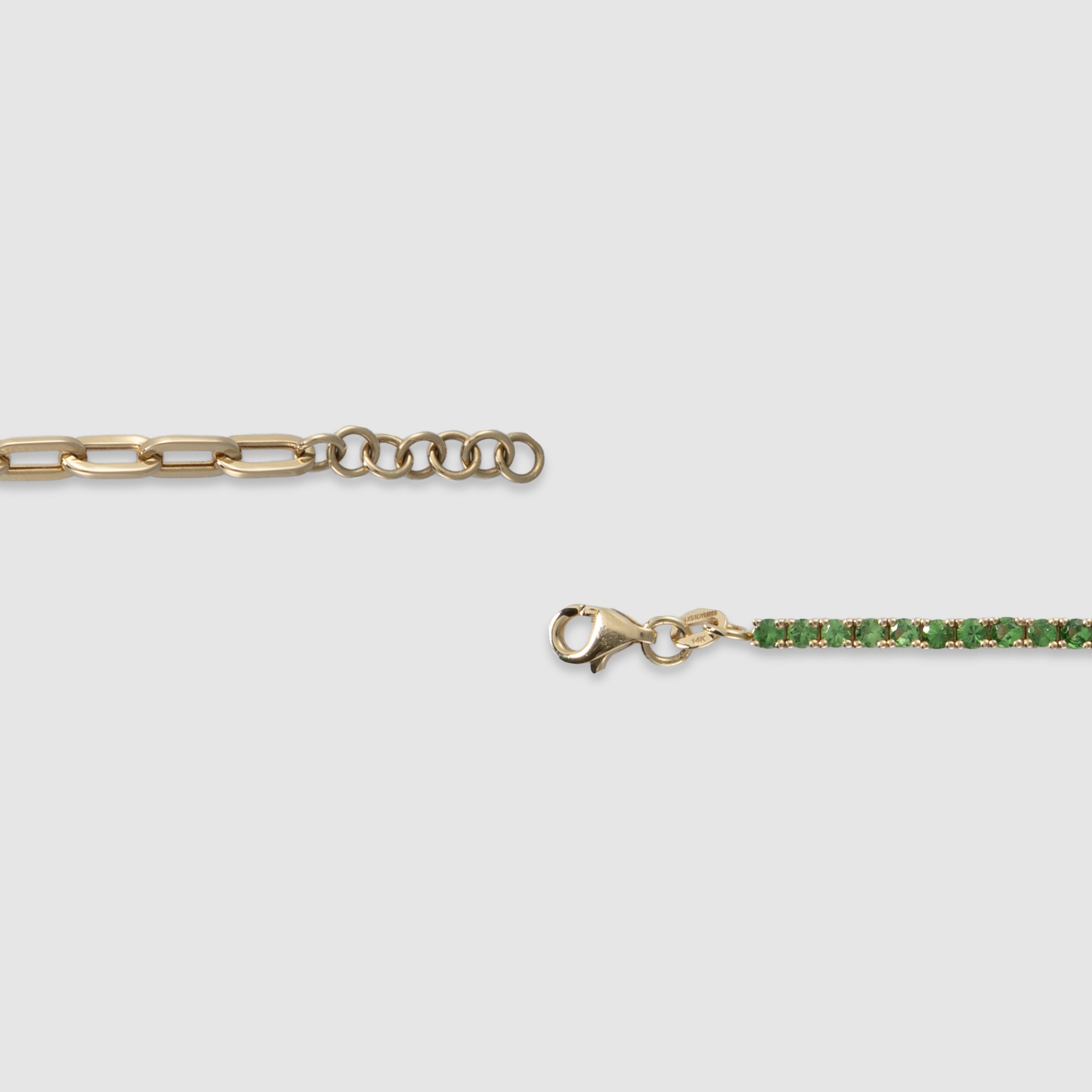 14K yellow gold four-prong green garnet half tennis bracelet