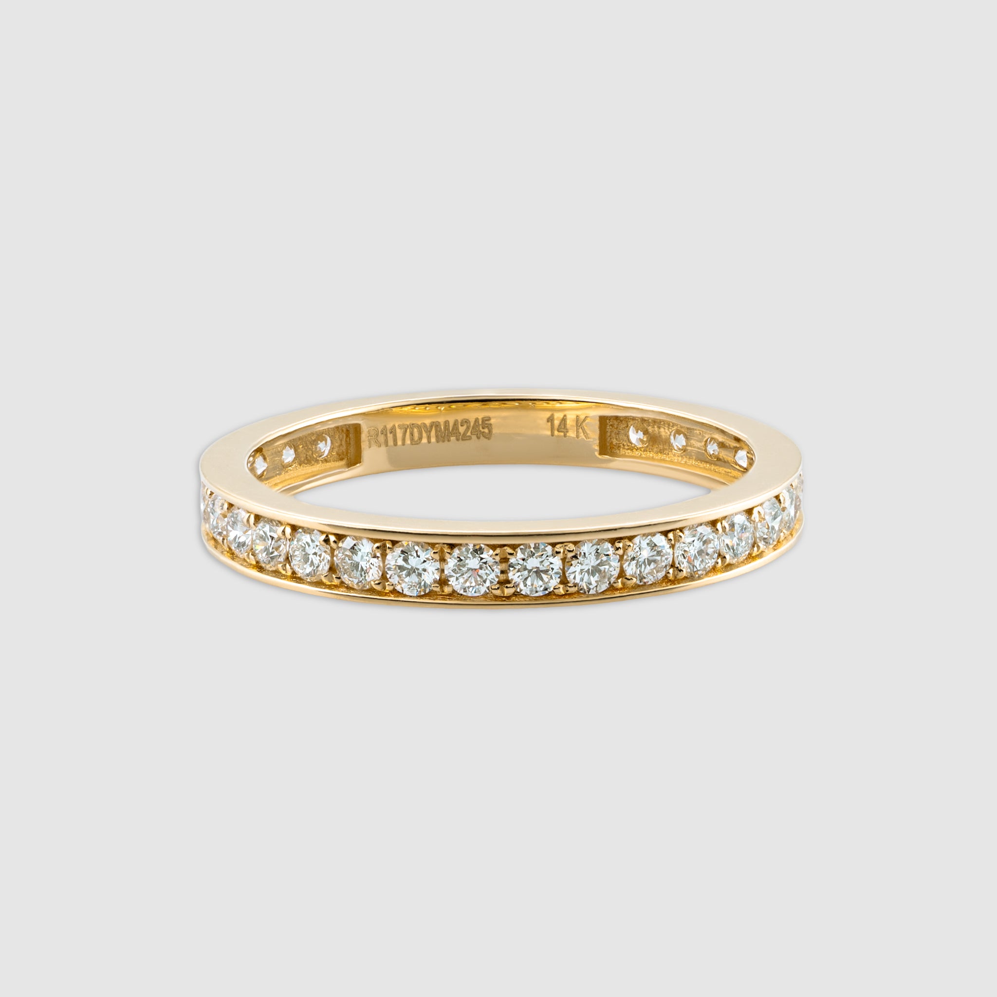 14K solid gold round cut diamond eternity ring.