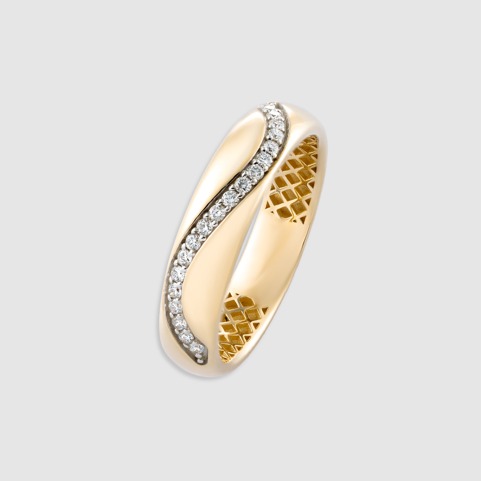 14K yellow gold wave dome pavé diamond band ring
