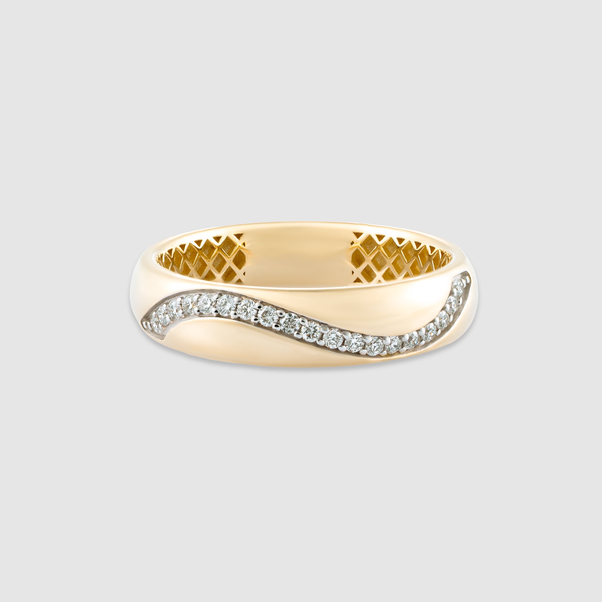 14K yellow gold wave dome pavé diamond band ring
