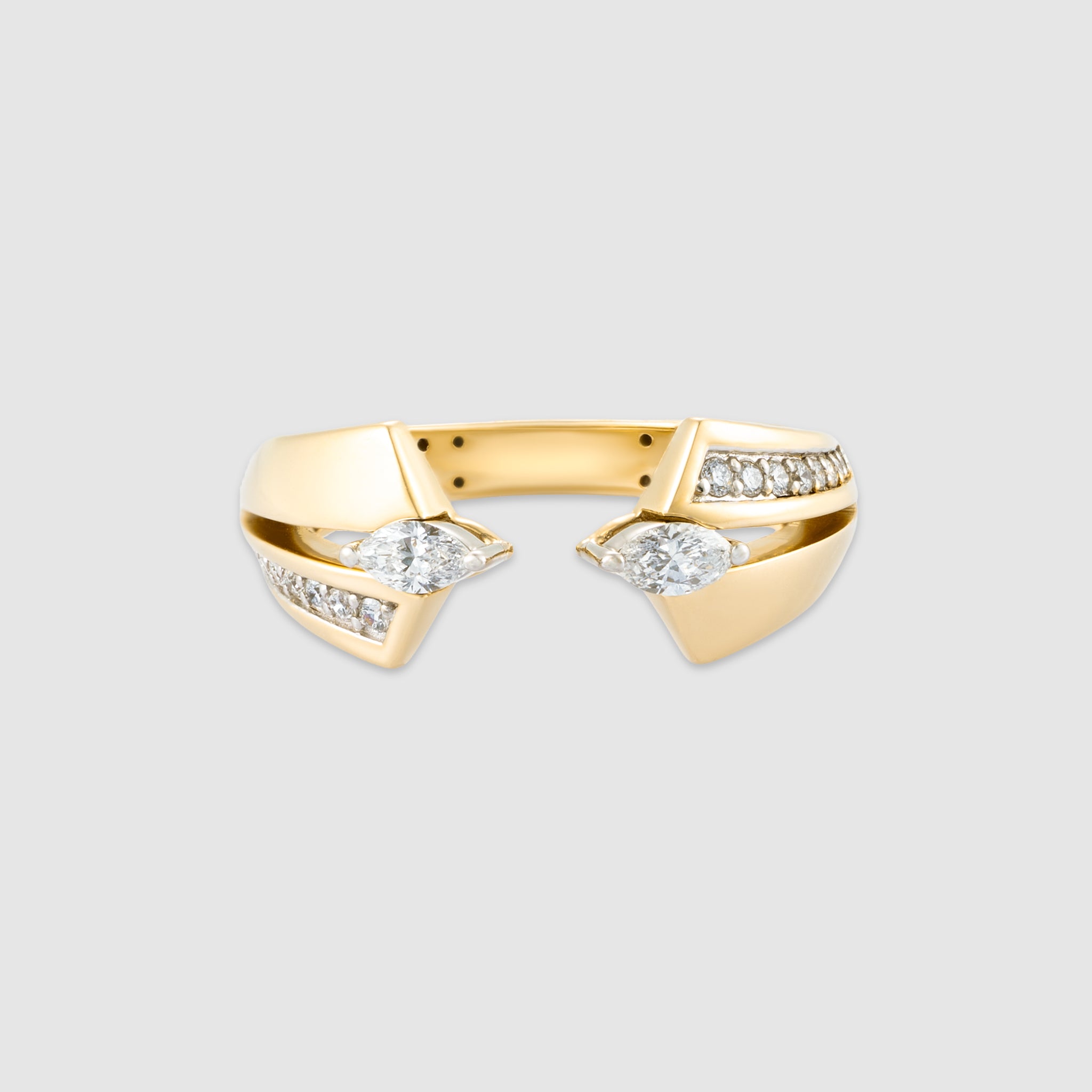 14K yellow gold open front statement ring with marquise cut diamonds
