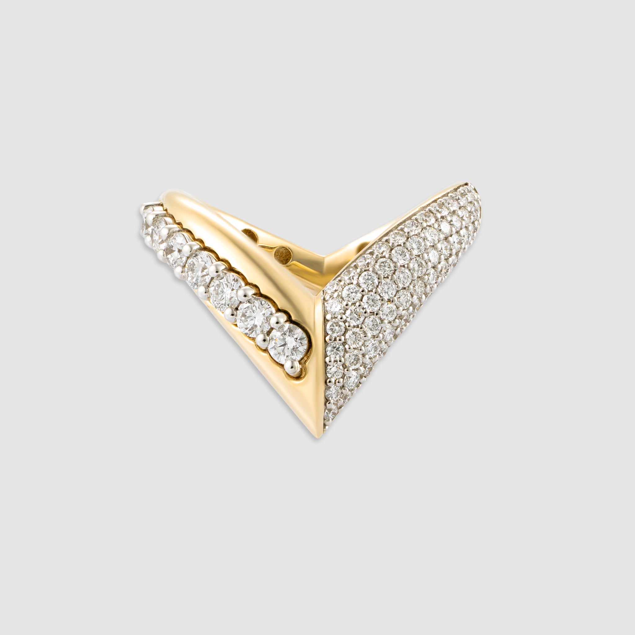 14K yellow gold thick wishbone ring with asymmetric pavé diamonds