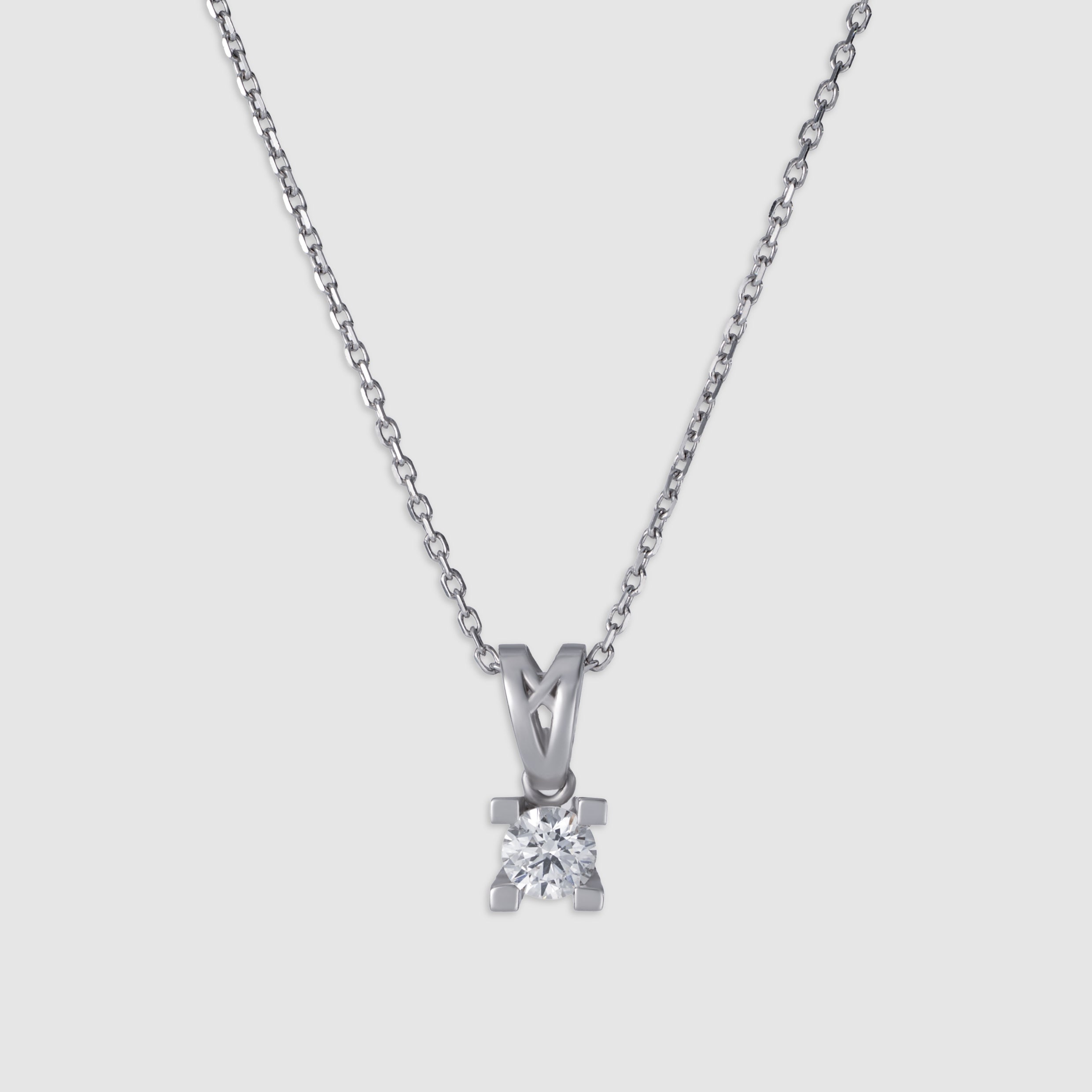 14K white gold four prong round cut single diamond necklace