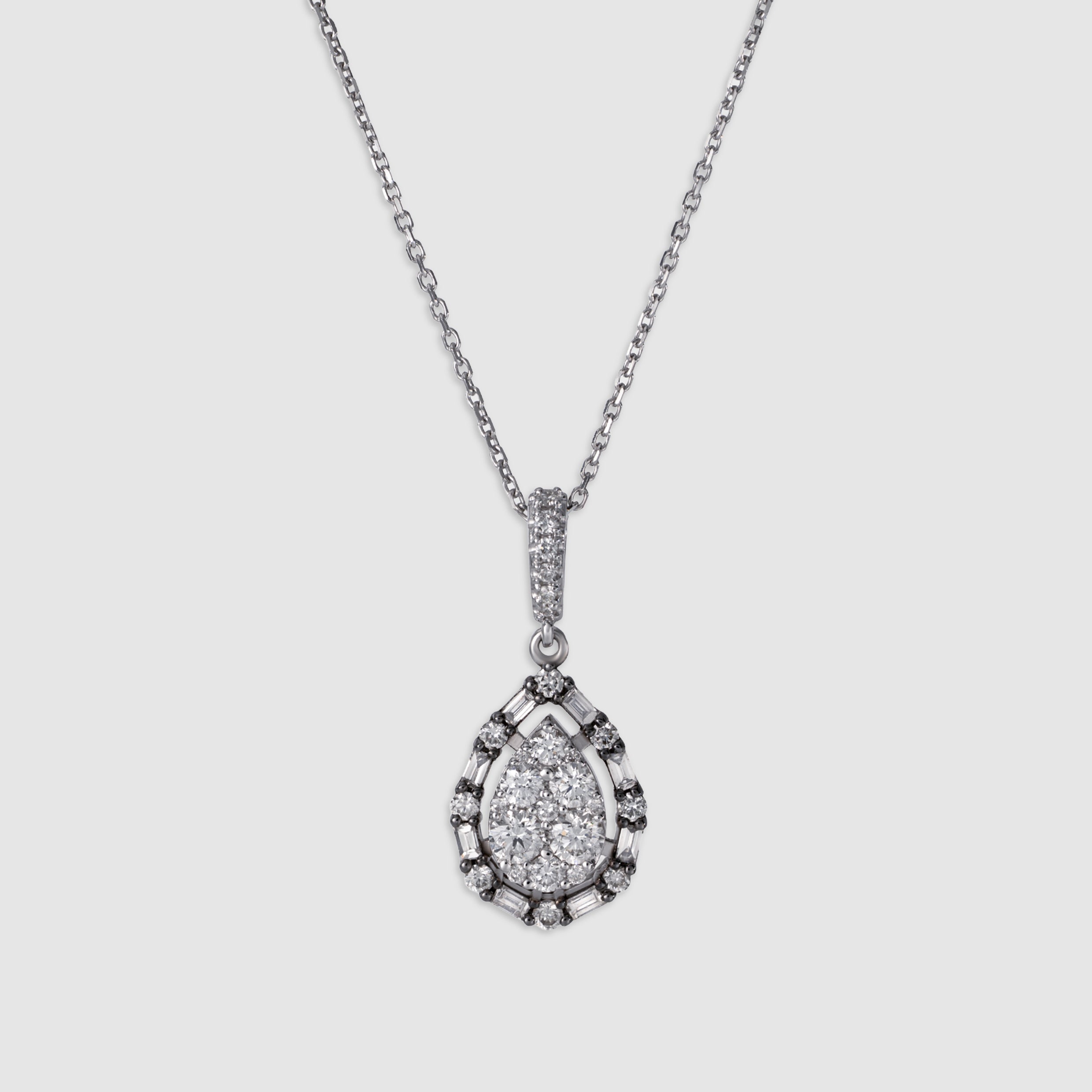 14K white gold baguette and round cut diamond teardrop pendant necklace