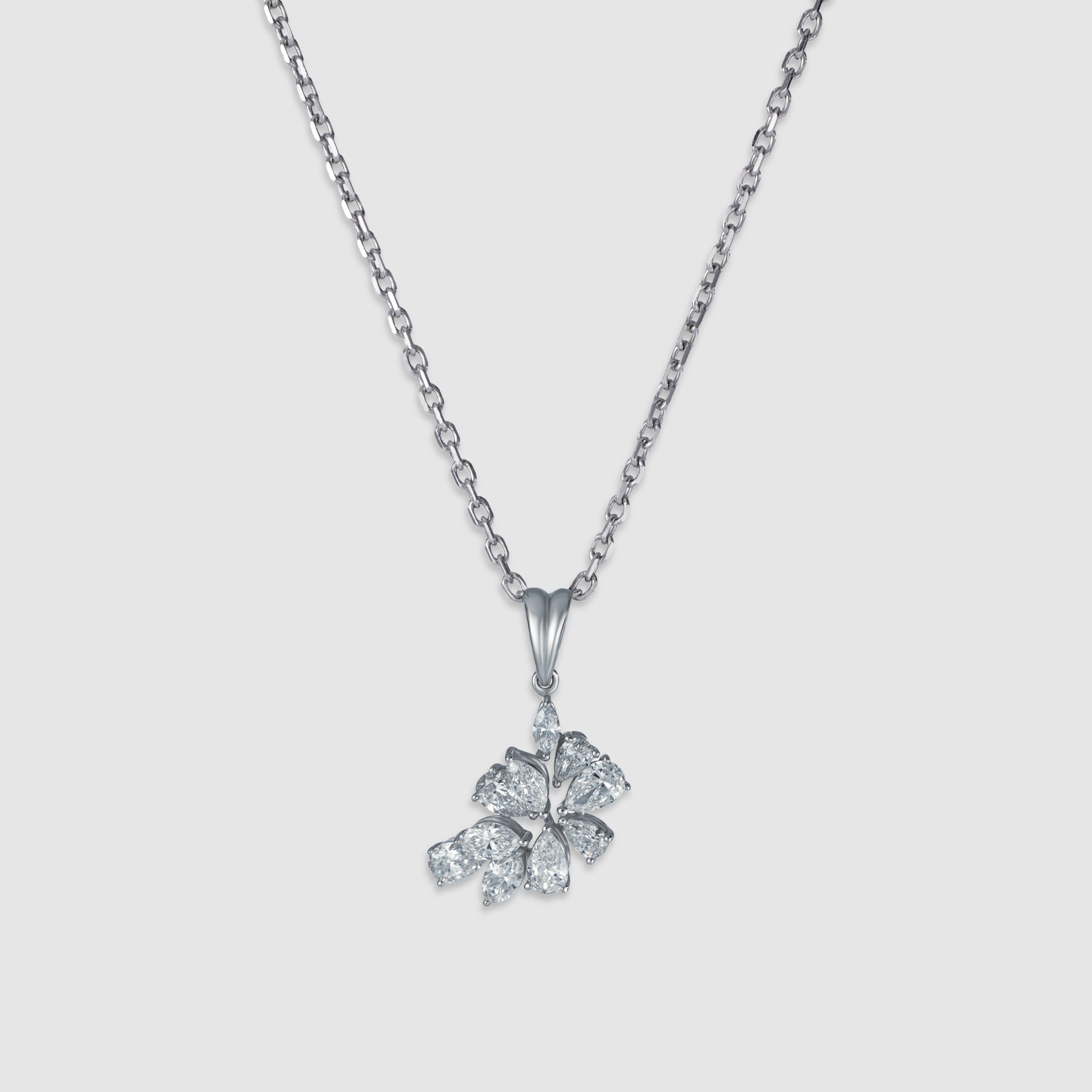 14K white gold marquise and pear cut diamond flower pendant necklace