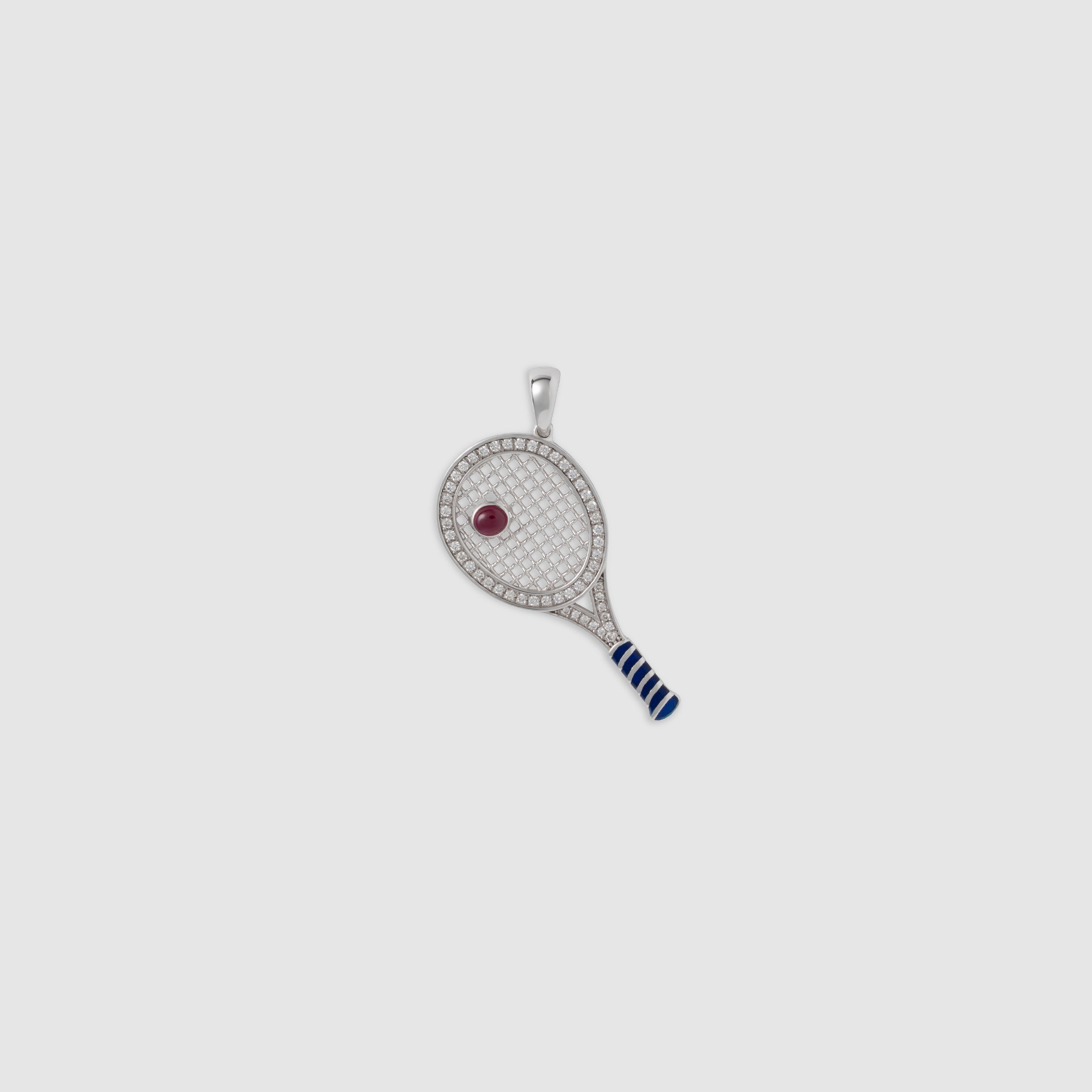 14K white gold diamond and ruby tennis racket pendant charm with blue enamel detail