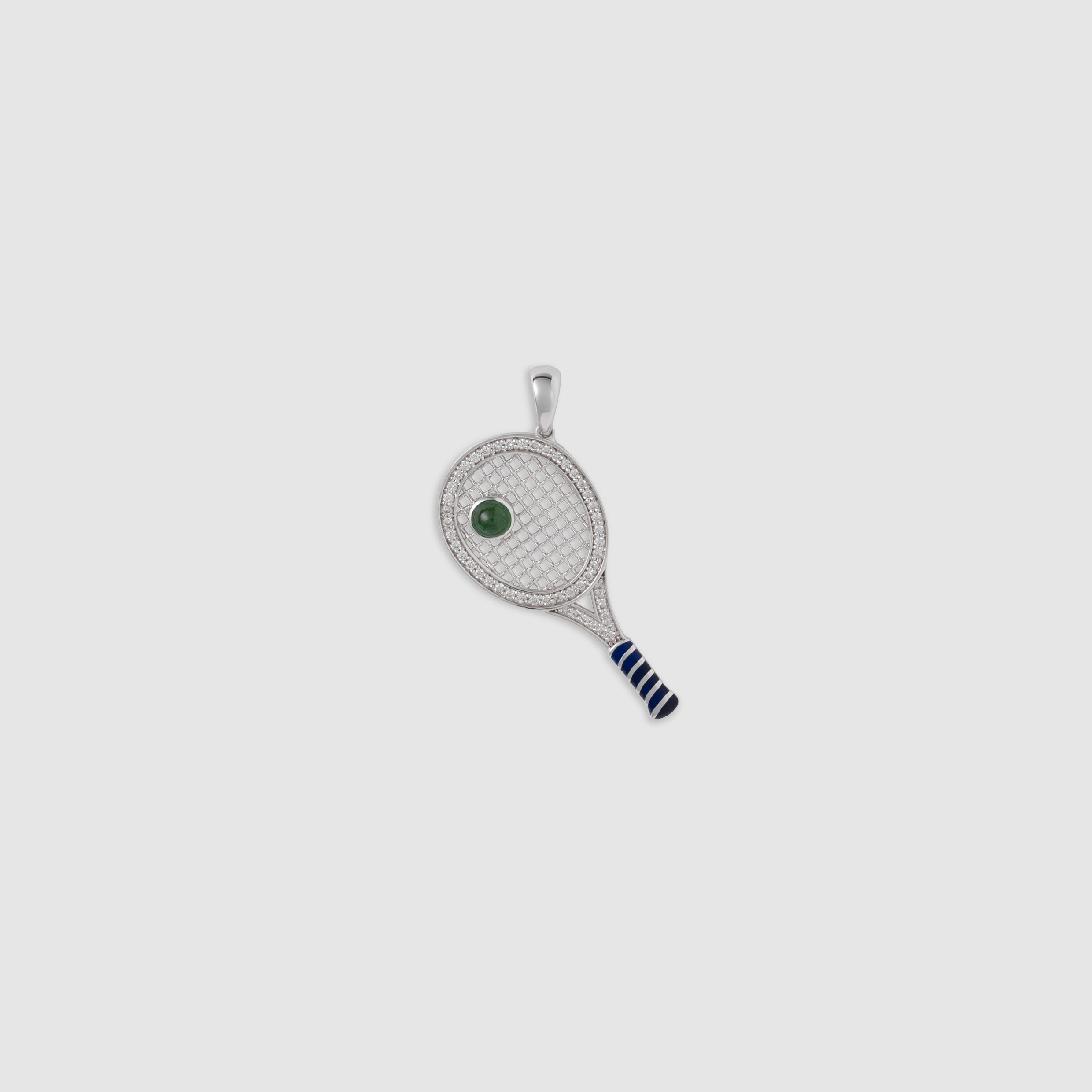14K white gold diamond and emerald tennis racket pendant charm with blue enamel detail