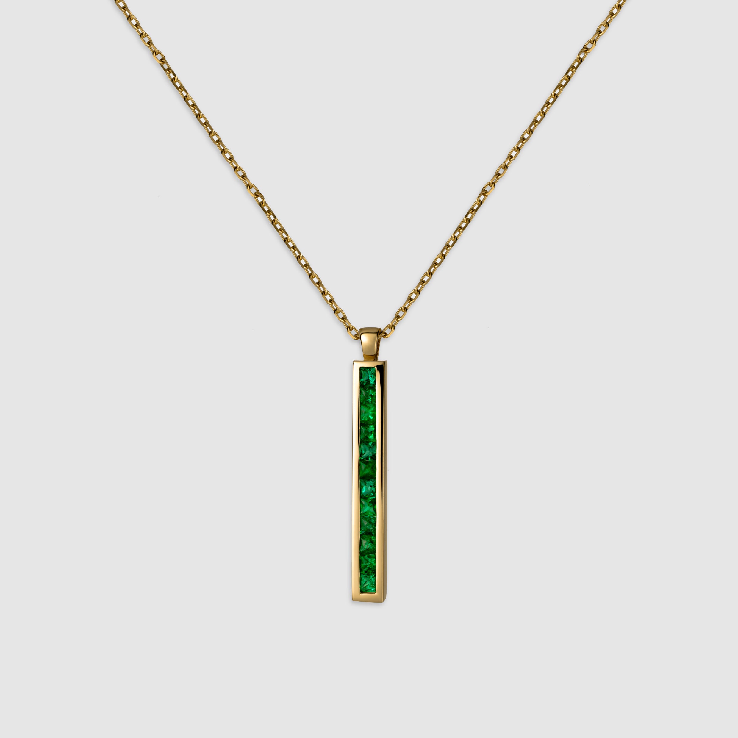 14K yellow gold princess cut emerald bar necklace