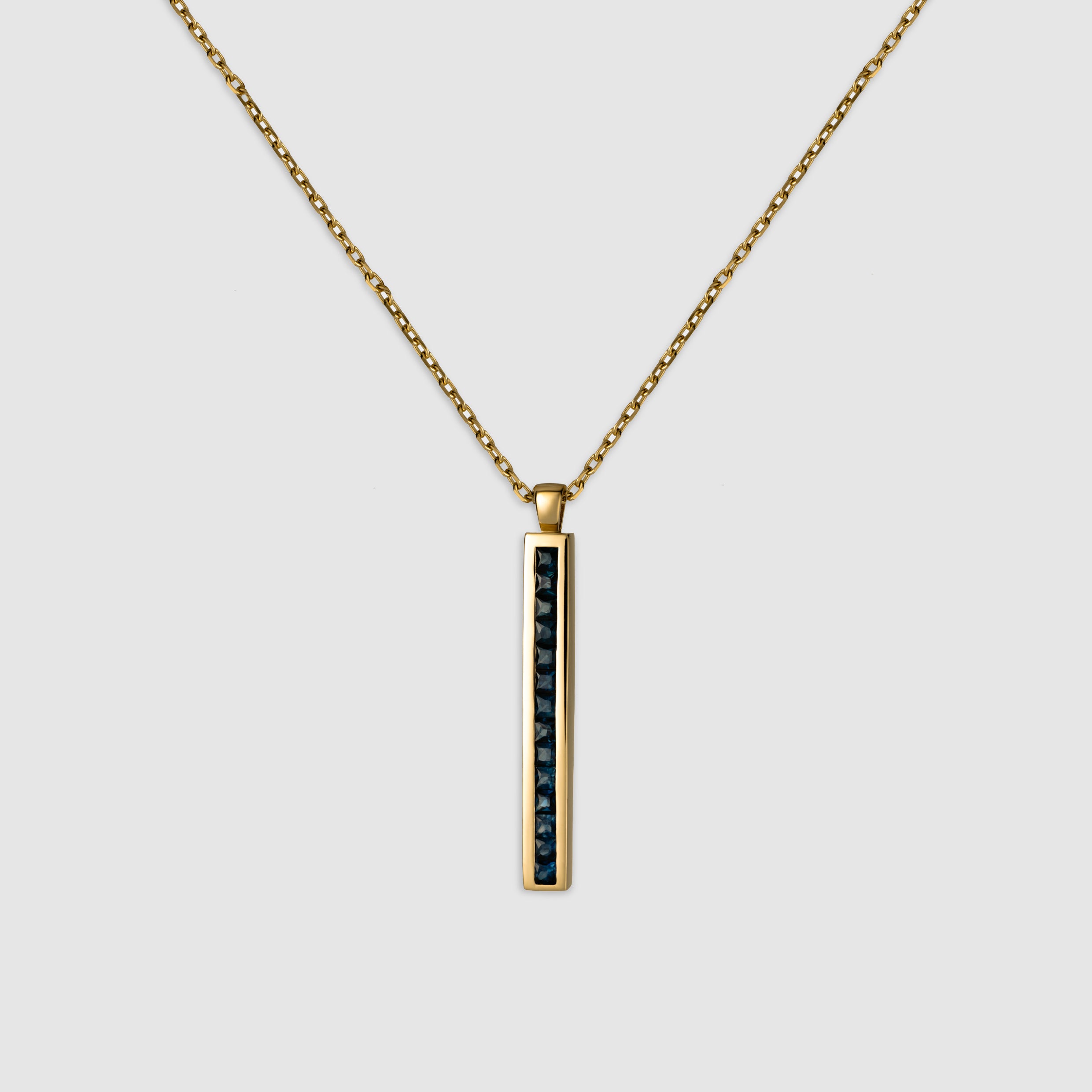 14K yellow gold princess cut blue sapphire bar necklace