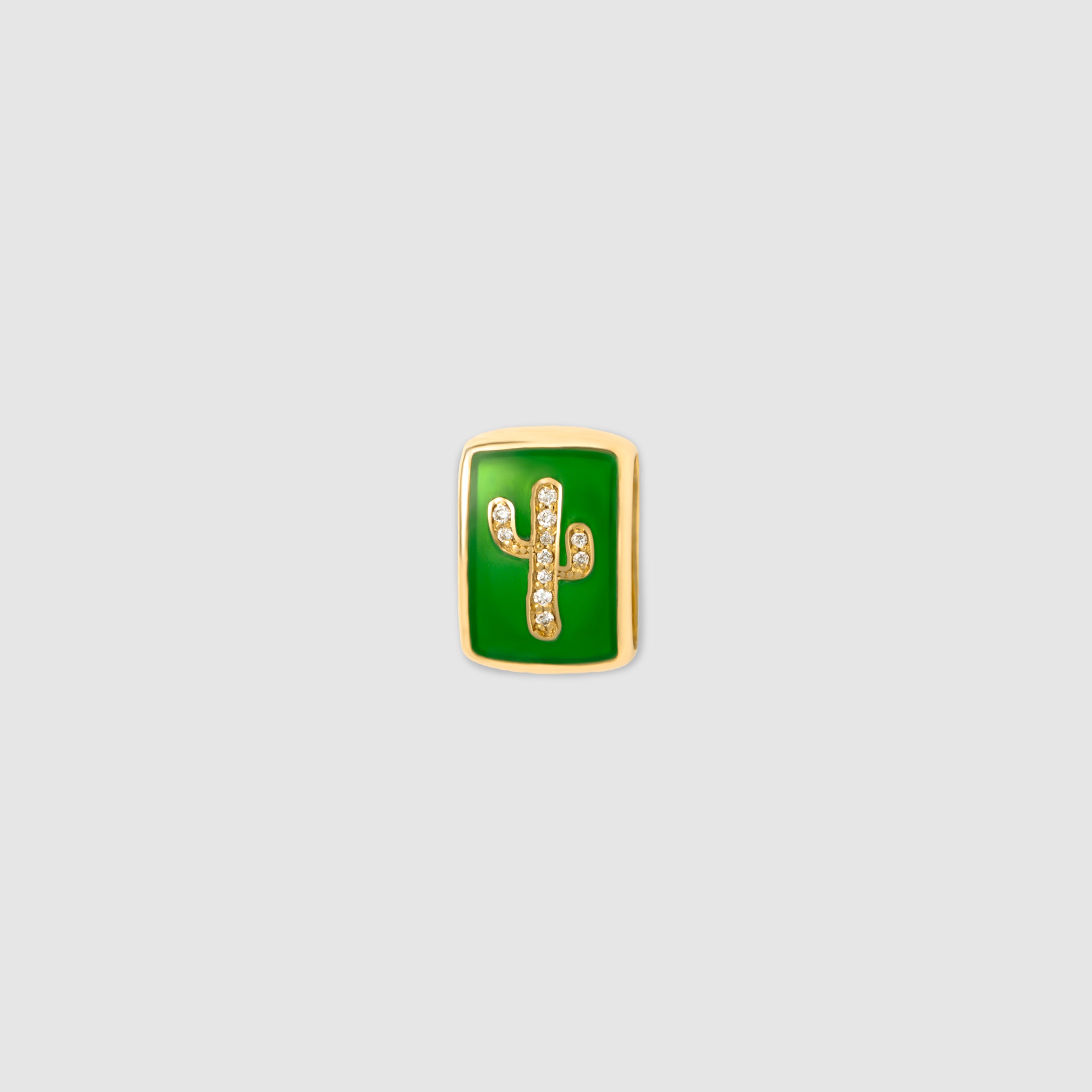 14K yellow gold cactus charm with green enamel and a round diamond