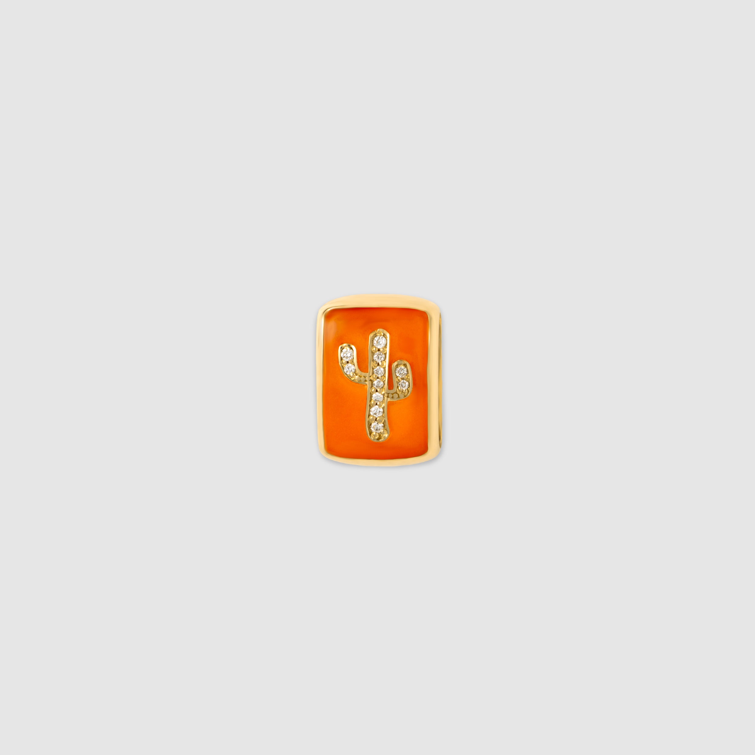 14K yellow gold cactus charm with orange enamel and a round diamond