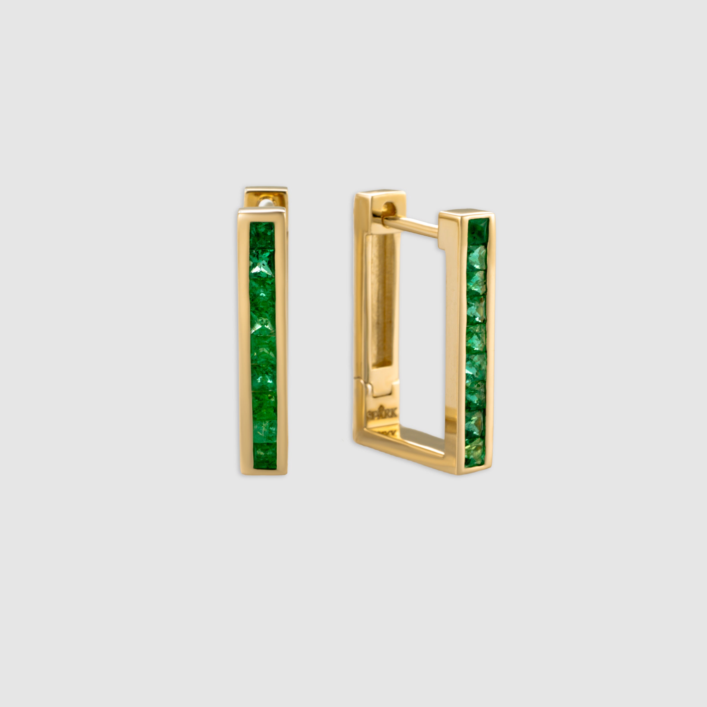 14K yellow gold princess cut emerald rectangular hoop earrings